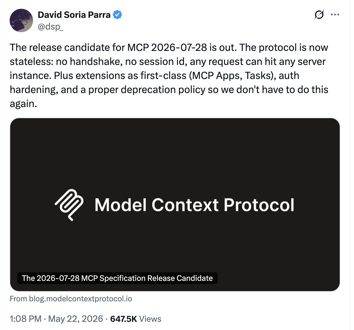 David Soria Parra tweet on the MCP 2026-07-28 release candidate