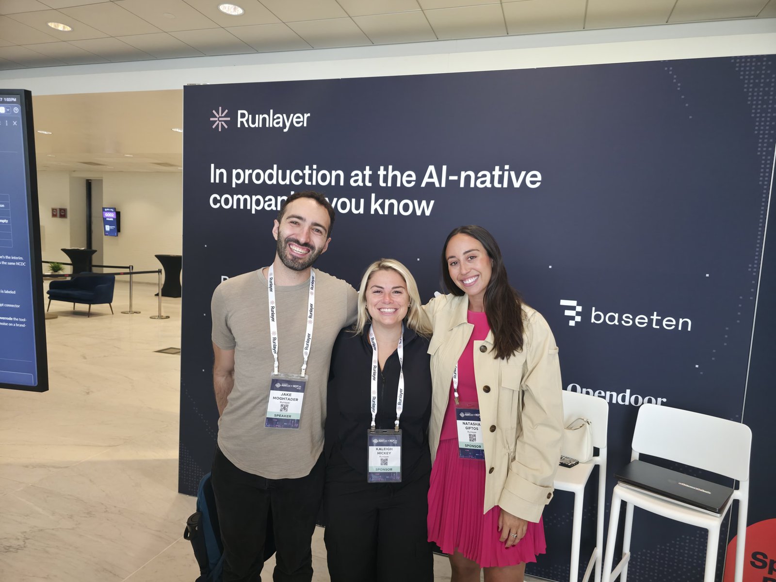 Jake Moghtader, Kaleigh Hickey and Natasha Giftos at the Runlayer booth.