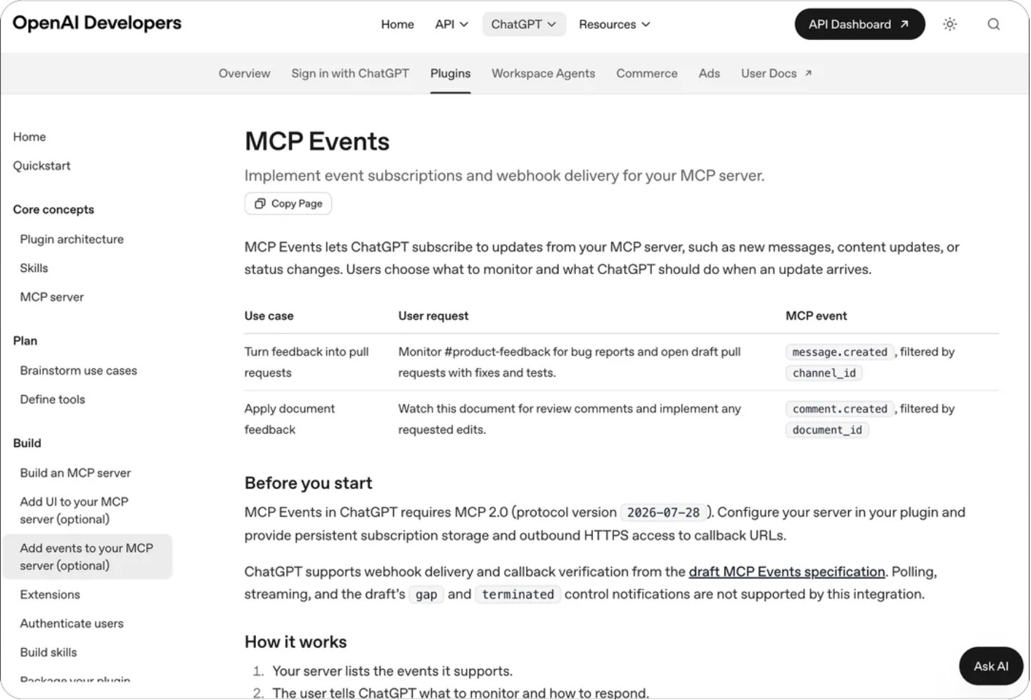 OpenAI Developers documentation page for MCP Events